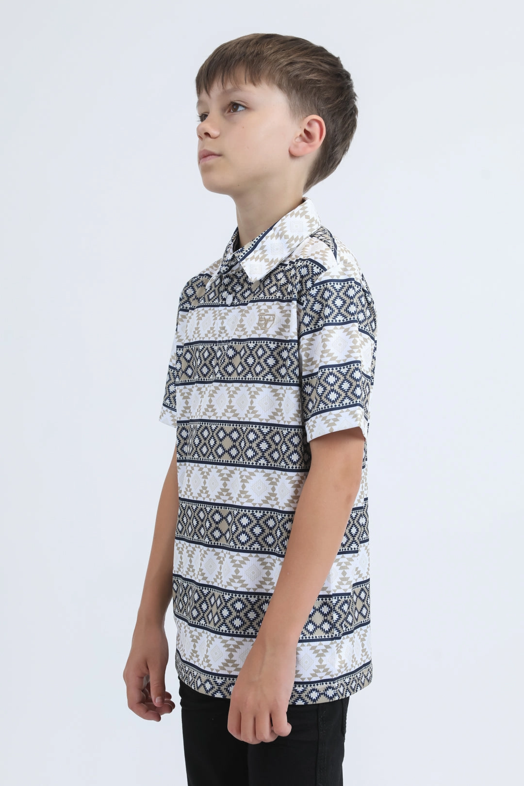 Kids Performance Fabric Modern Fit Stretch Aztec Print White Polo Run Core
