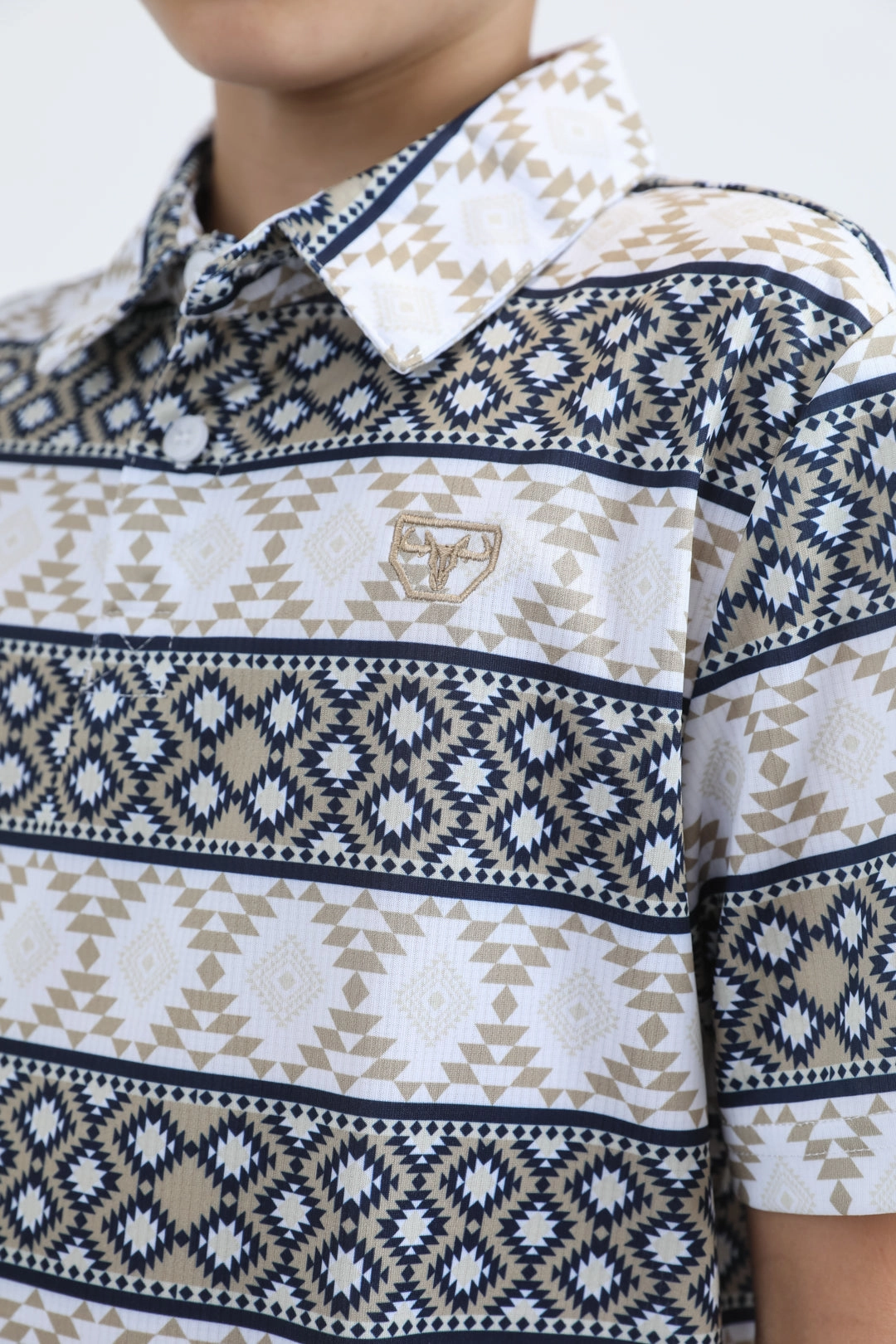 Kids Performance Fabric Modern Fit Stretch Aztec Print White Polo LightweightWeave