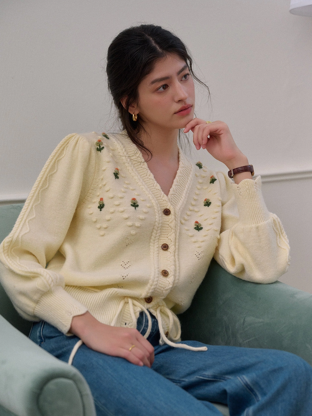 NonBindingCollar Kira V-Neck Crochet Tie-Waist Wool Sweater