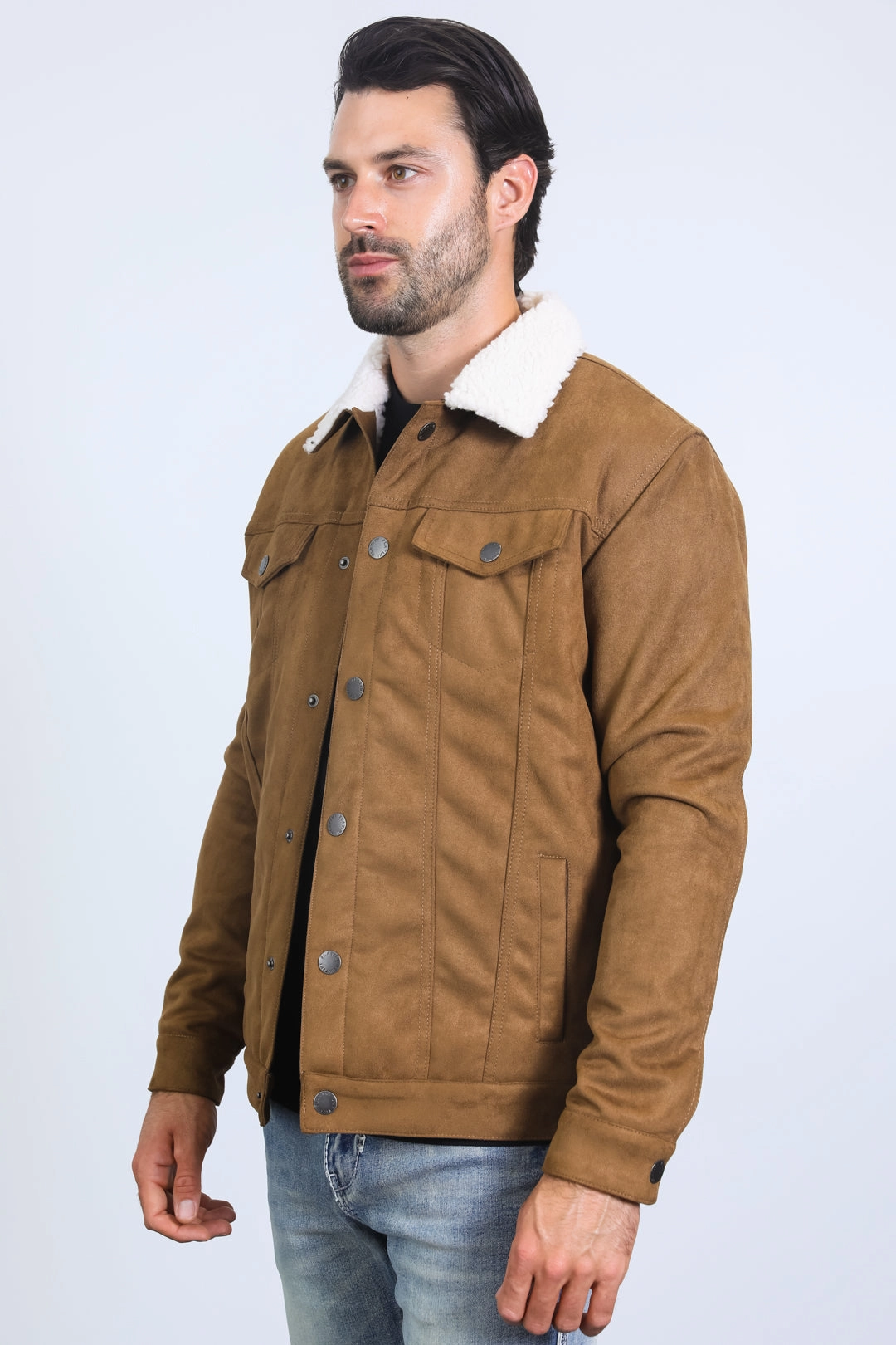 SoftTouchFinish Mens Sherpa Lined Faux Suede Jacket - Camel