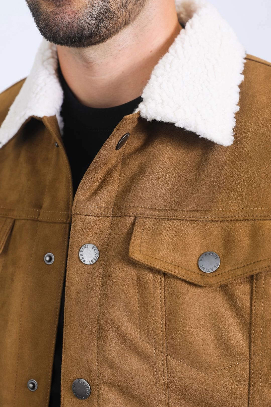 Mens Sherpa Lined Faux Suede Jacket - Camel StainReleaseCoating Fine Weave