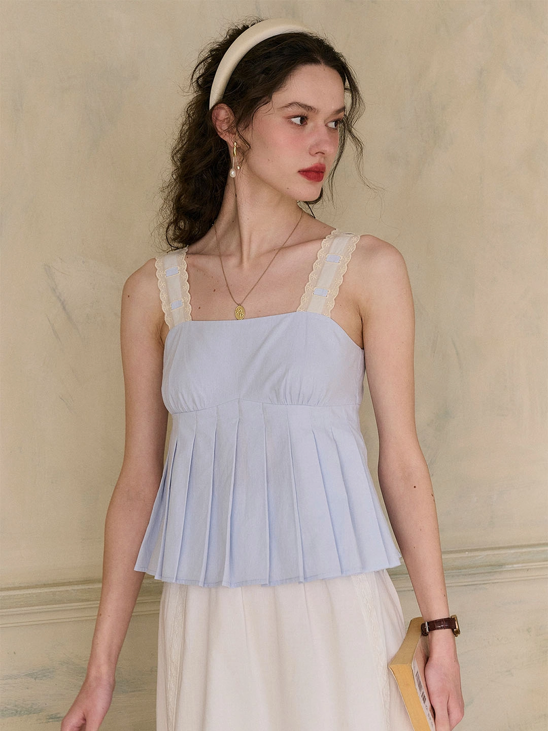 Kora Square Neck Lace Contrast Pleated Cotton Camisole Top Effortless Design Breezy Design