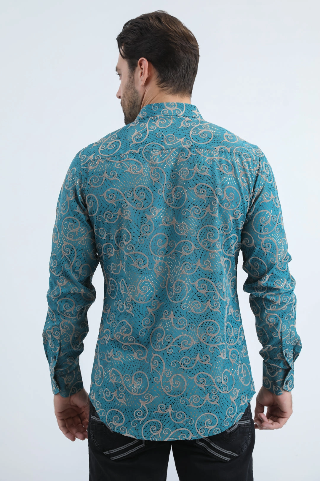 Solid Hue All Day Comfort Tech Men's Flocked Modern Fit Spandex Blue Shirt