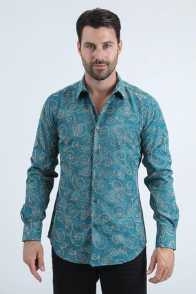 Classic Collar Men's Flocked Modern Fit Spandex Blue Shirt