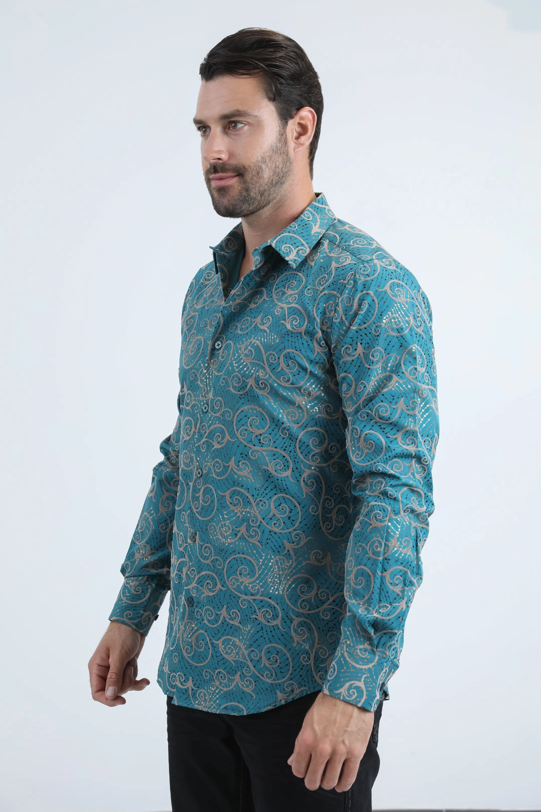 Organic Cotton High-Quality Material Men's Flocked Modern Fit Spandex Blue Shirt