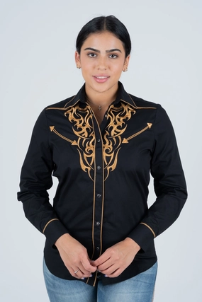 Year-Round Favorite Hooded Neckline Ladies Cotton Black Embroidery Western Shirt