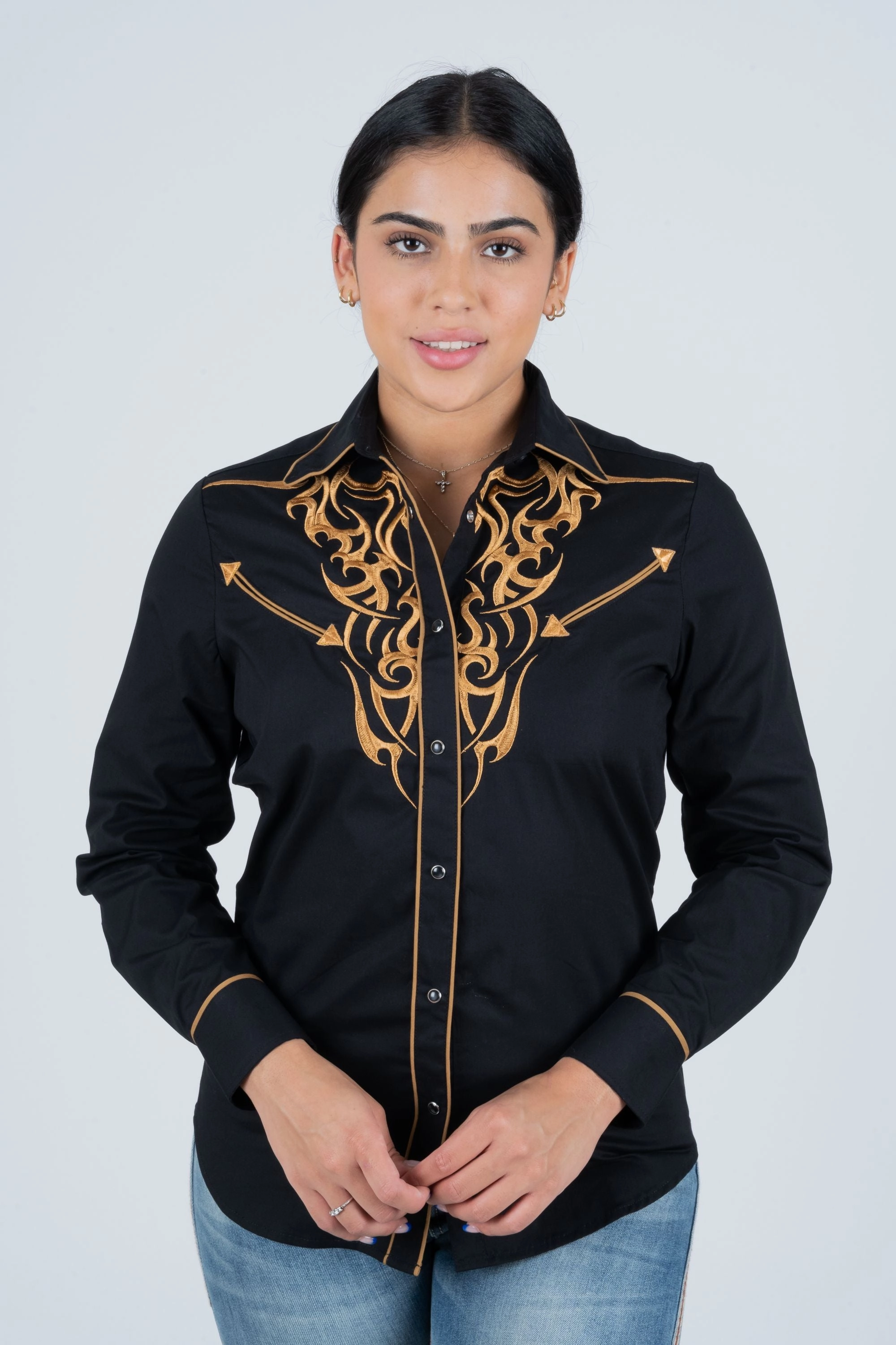 Year-Round Favorite Hooded Neckline Ladies Cotton Black Embroidery Western Shirt
