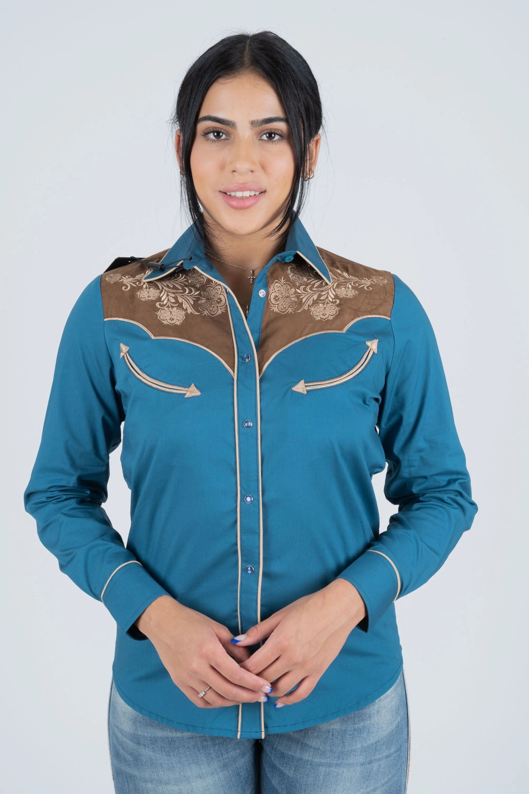 Ladies Cotton Blue Embroidery Western Shirt With Suede Summer Outfit
