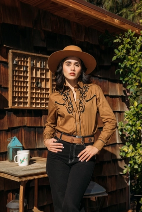 Cozy Fit Smooth Finish Ladies Cotton Camel Embroidery Western Shirt