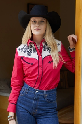 Ladies Cotton Red Embroidery Western Shirt With Suede Snug feel