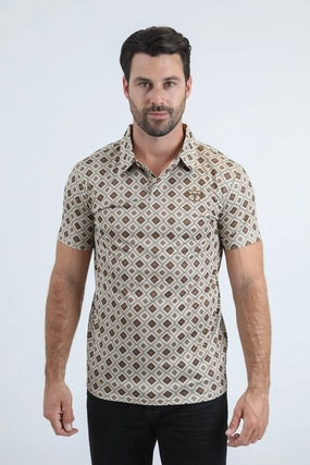 Mens Performance Fabric Modern Fit Stretch Aztec Print Beige Polo Fit All Sizes