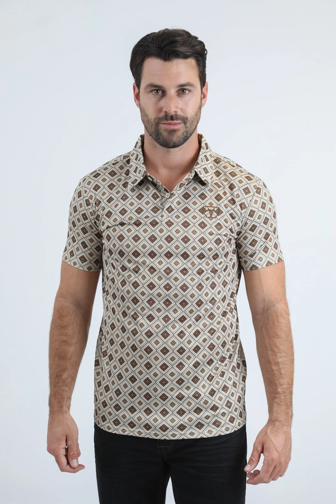 Mens Performance Fabric Modern Fit Stretch Aztec Print Beige Polo Fit All Sizes