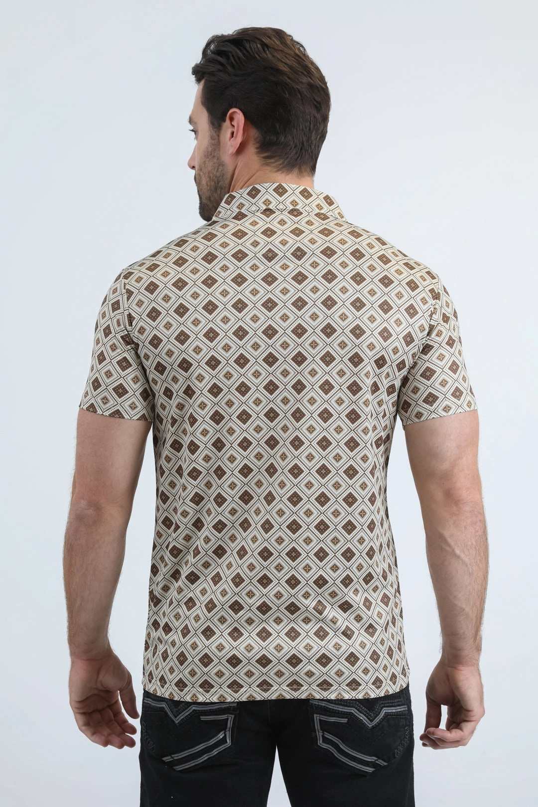 Sporty Comfort Trendy Business Mens Performance Fabric Modern Fit Stretch Aztec Print Beige Polo