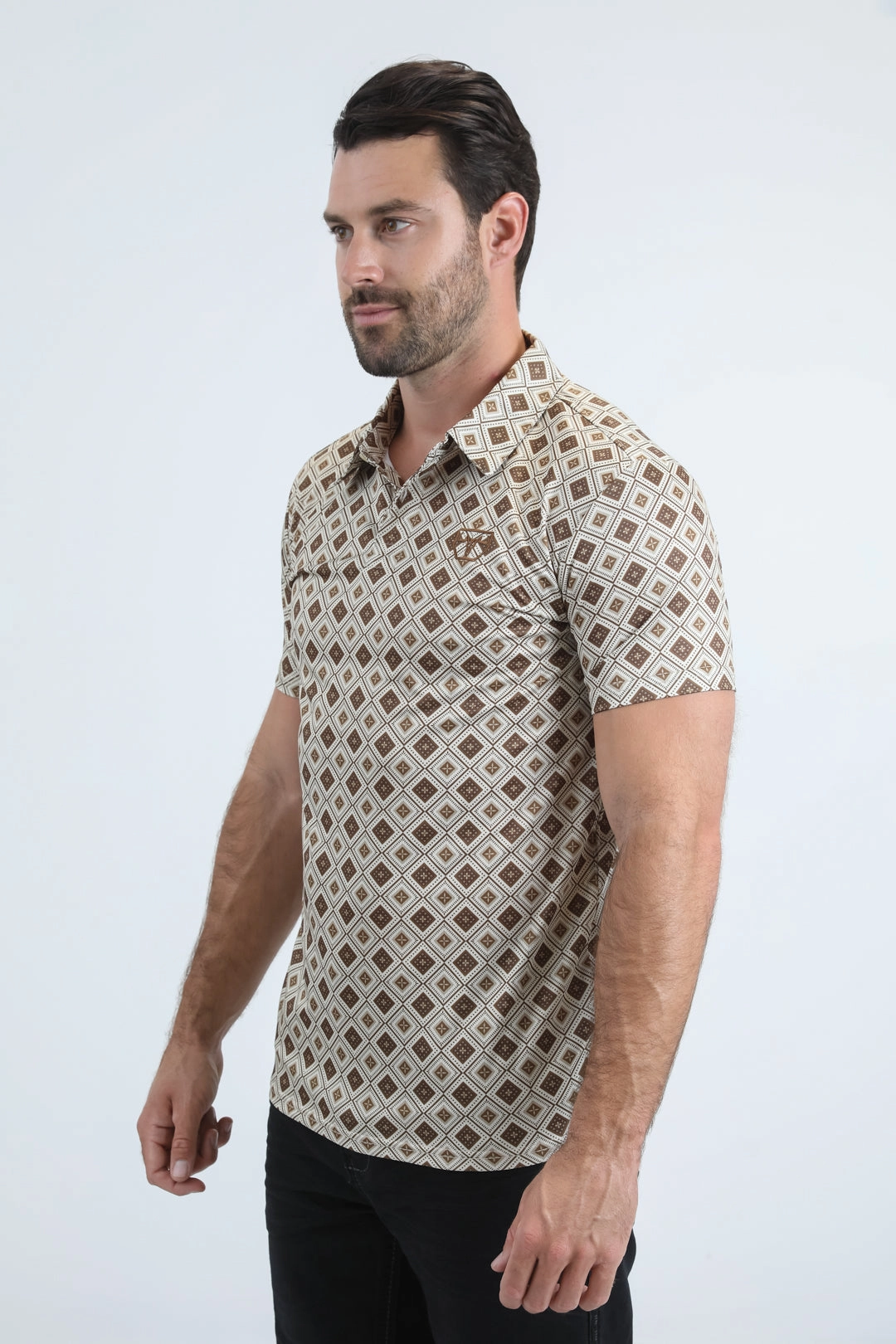 Mens Performance Fabric Modern Fit Stretch Aztec Print Beige Polo Tailored Silhouette