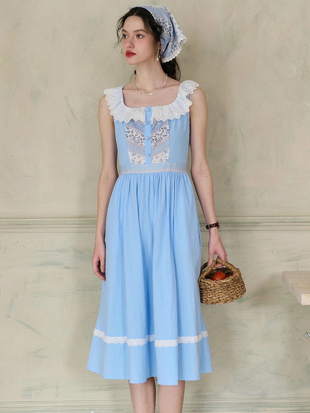 ??Final Sale??Yamileth Square Collar A-Line Contrasting Floral Sleeveless Cotton Dress DoubleLayeredEdging