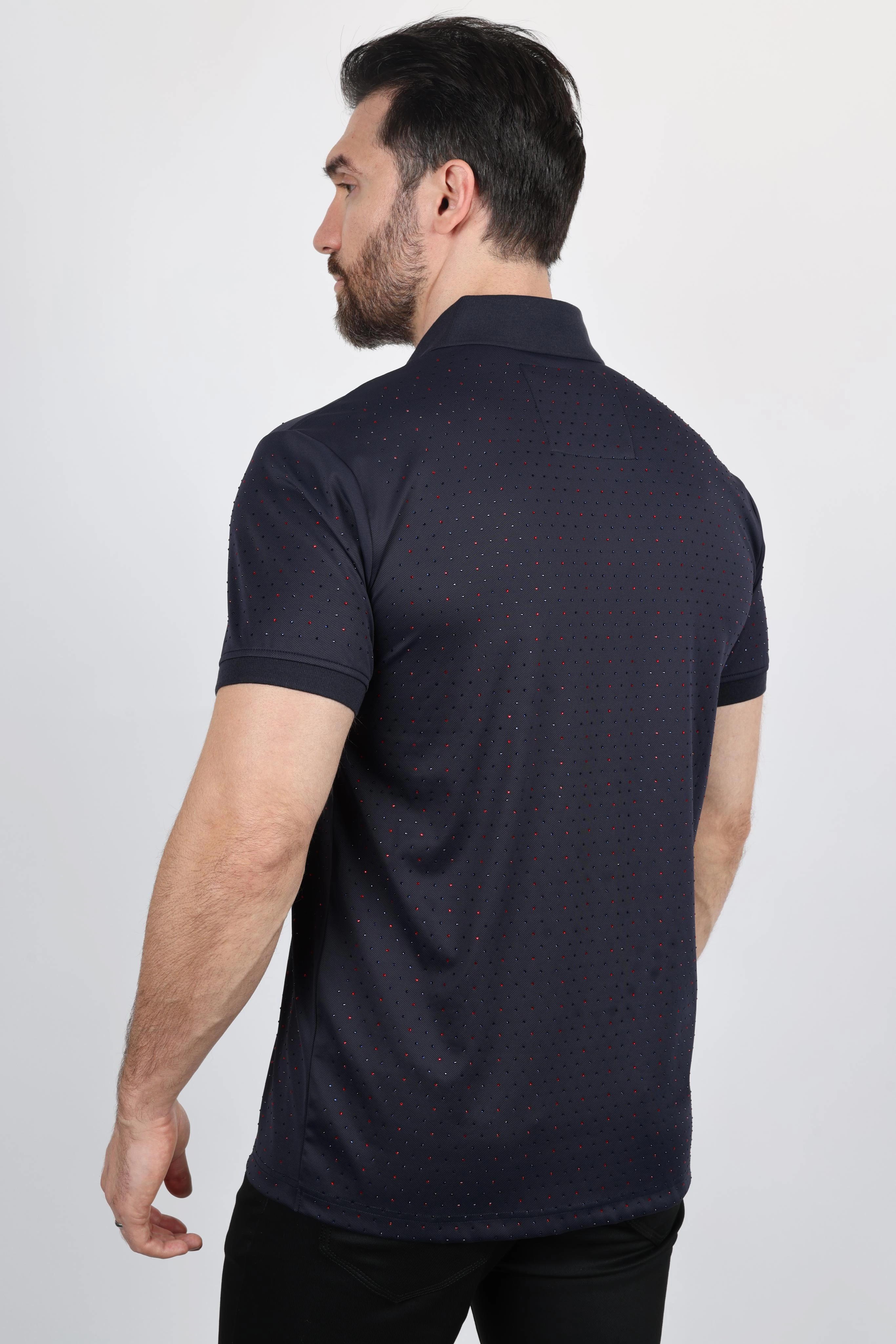 Breathable Comfort Mens Modern Fit Stretch Full Body Crystals Polo