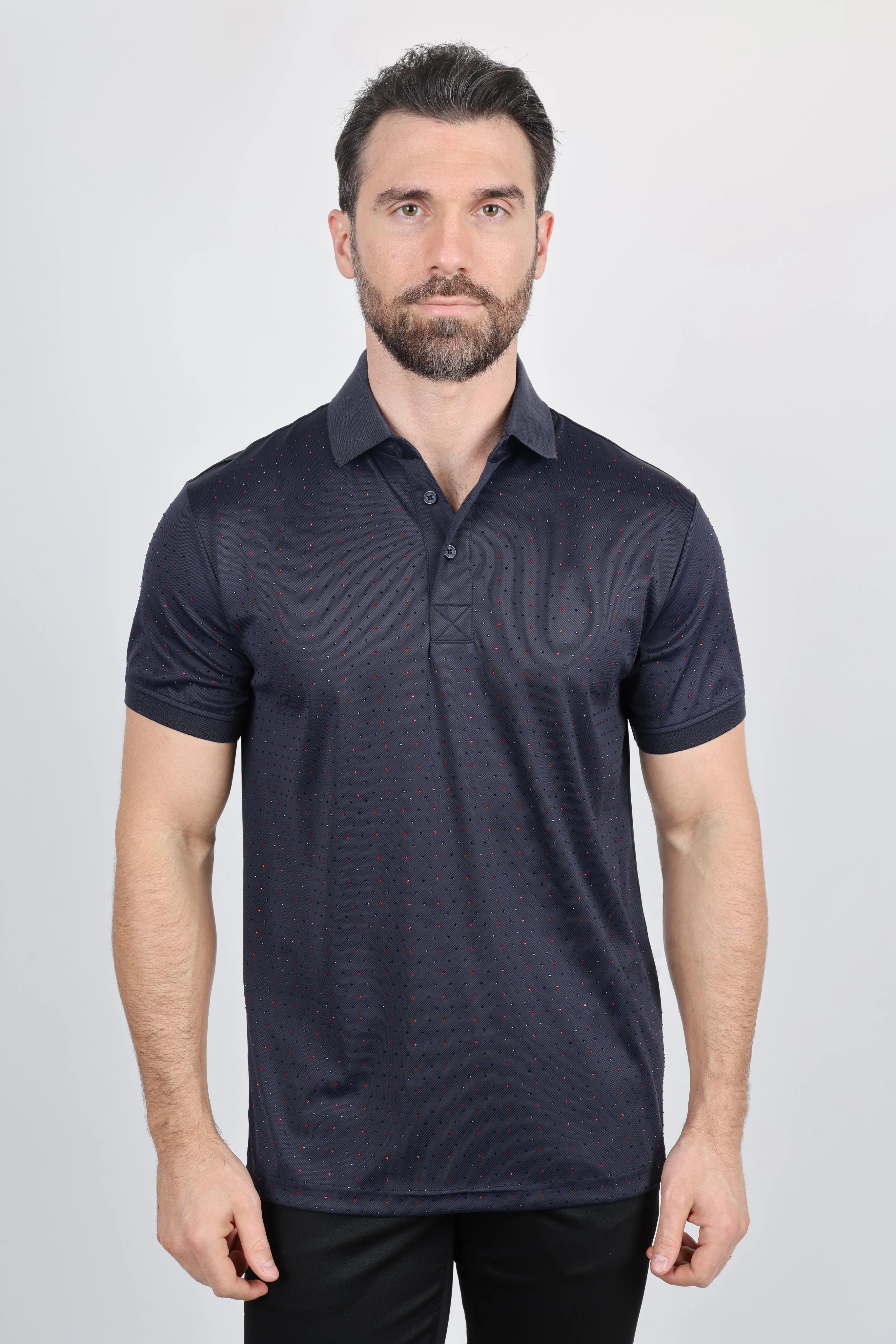 Non Iron Finish Mens Modern Fit Stretch Full Body Crystals Polo