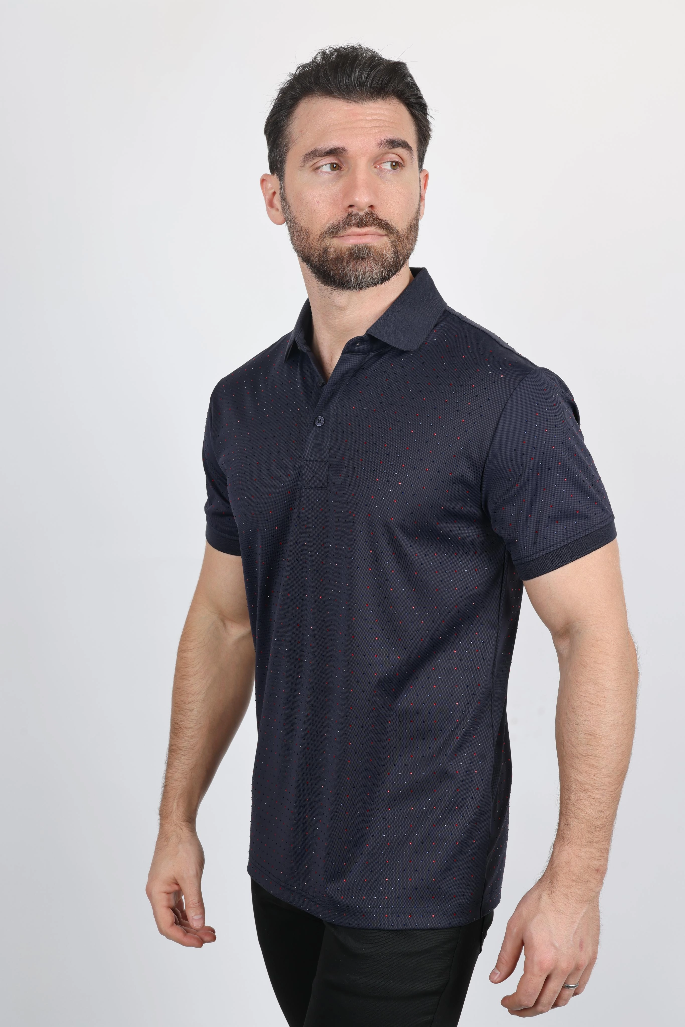 Mens Modern Fit Stretch Full Body Crystals Polo Tailored Comfort Breathable Design