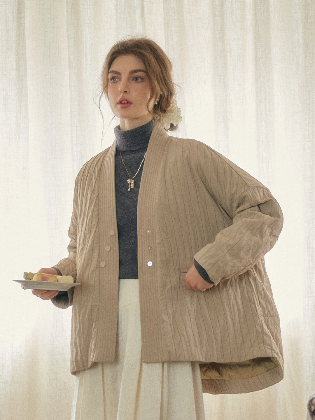 Simple Retro Emi Collarless Pocket Down Jacket - Khaki PreShrunk Cotton