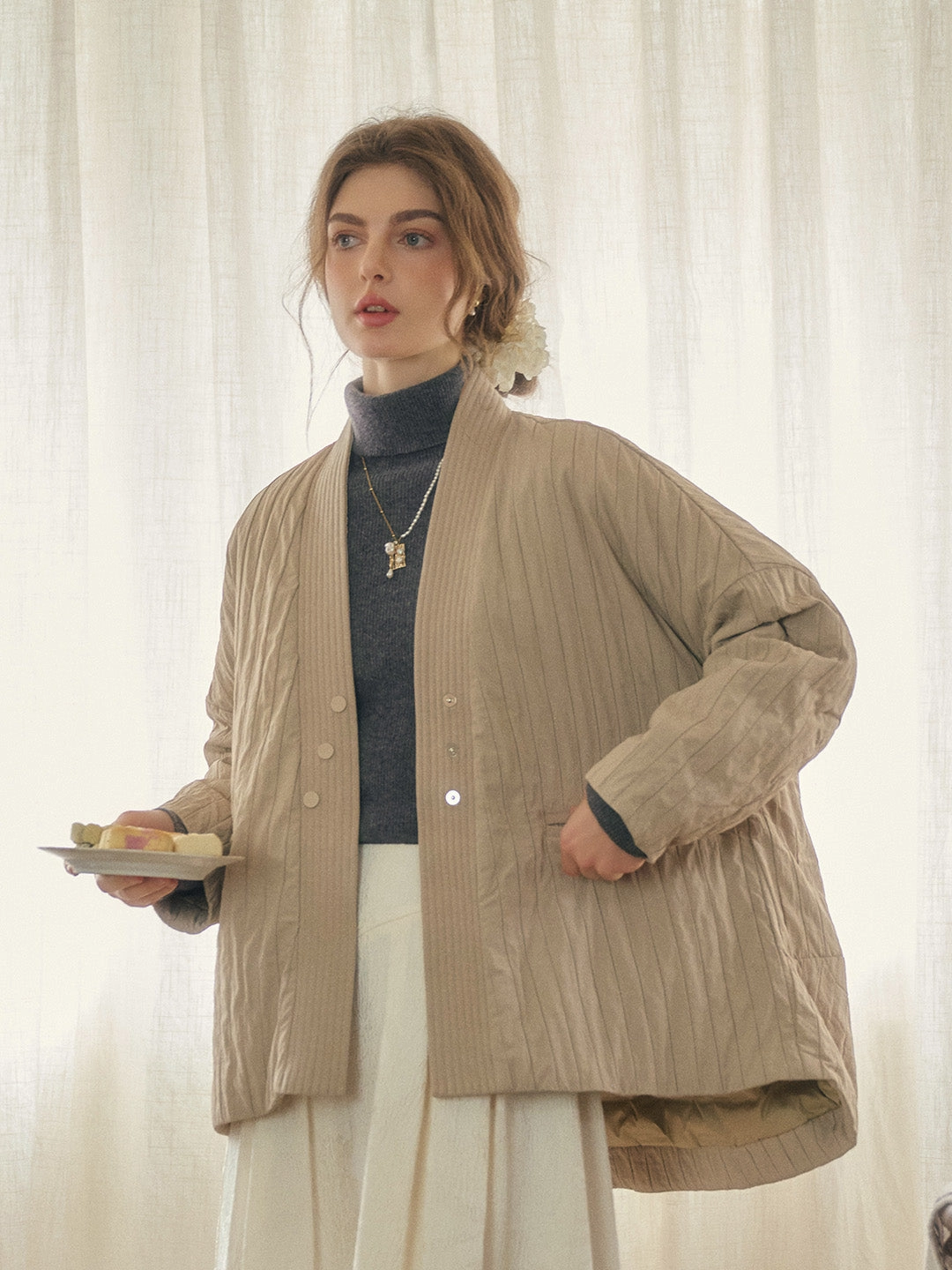 Simple Retro Emi Collarless Pocket Down Jacket - Khaki AntiFadeTechnology