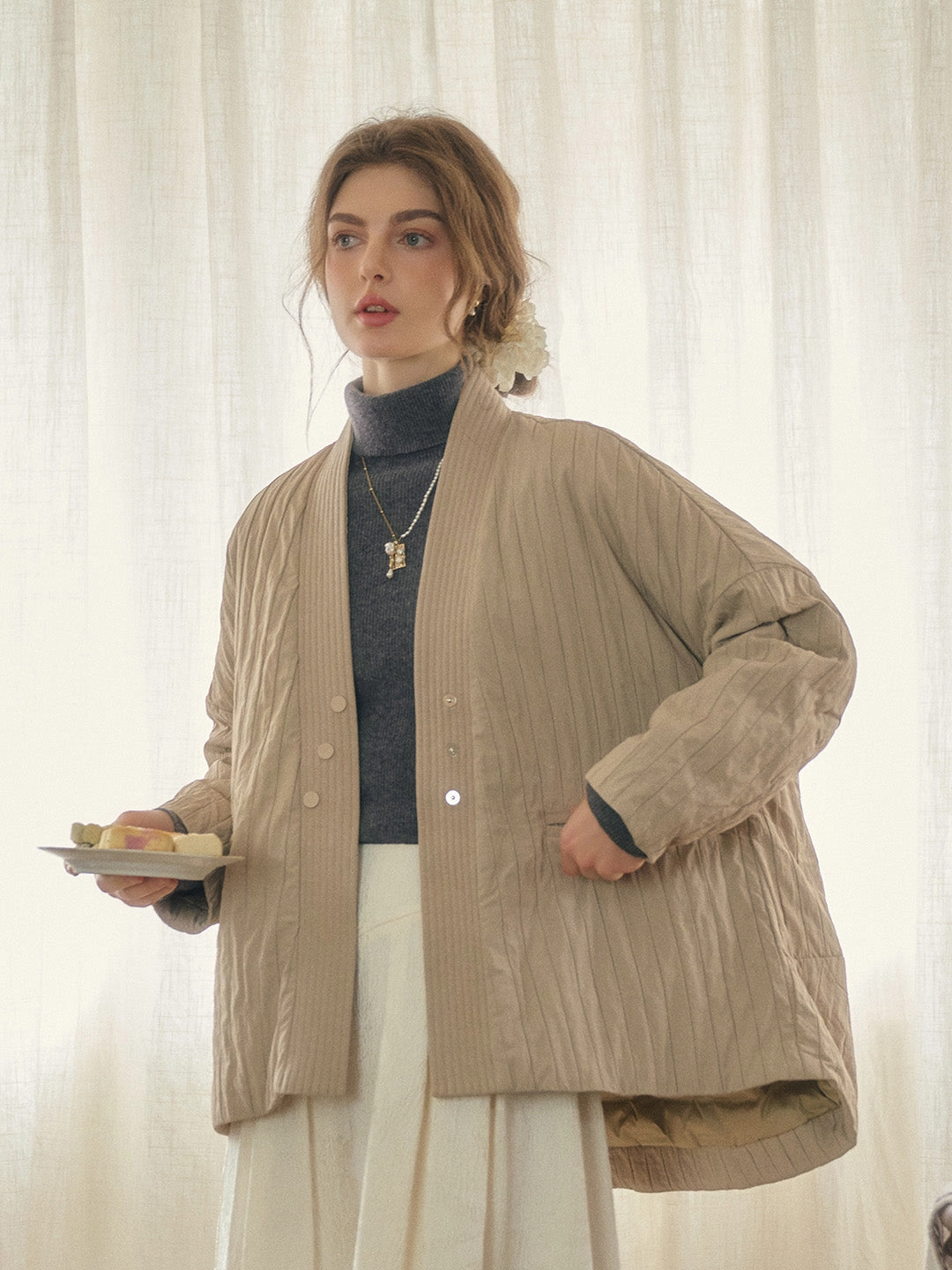 Stretchable Fabric Simple Retro Emi Collarless Pocket Down Jacket - Khaki