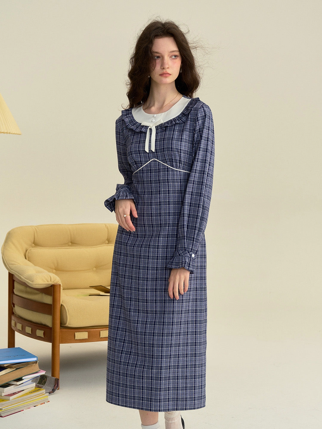 Simple Dress Desert Heat ??Final Sale??Whitney Round Neck Tie Bow Collision Blue Check Dress