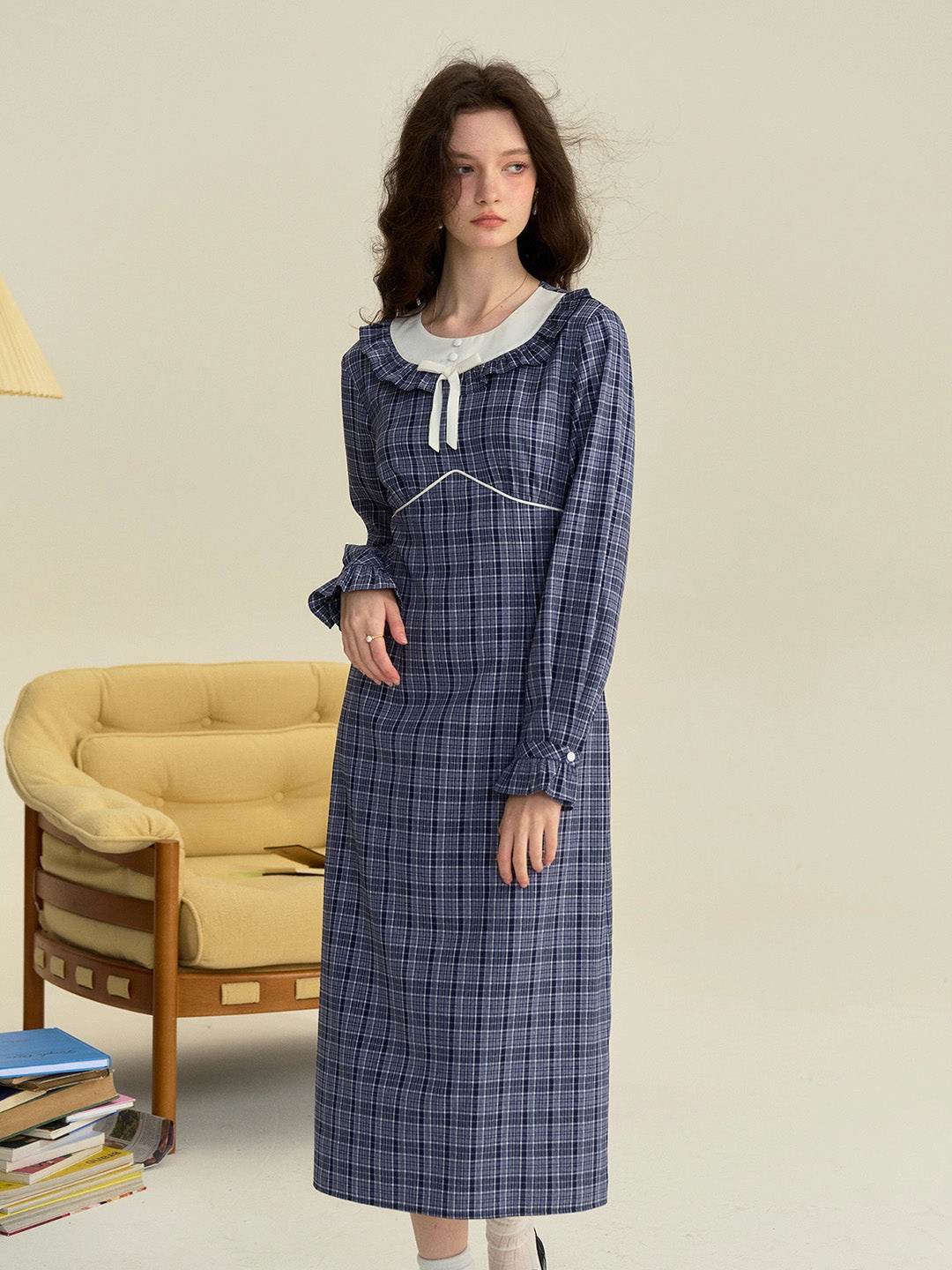 ??Final Sale??Whitney Round Neck Tie Bow Collision Blue Check Dress Lightweight Composite AntimicrobialCoating