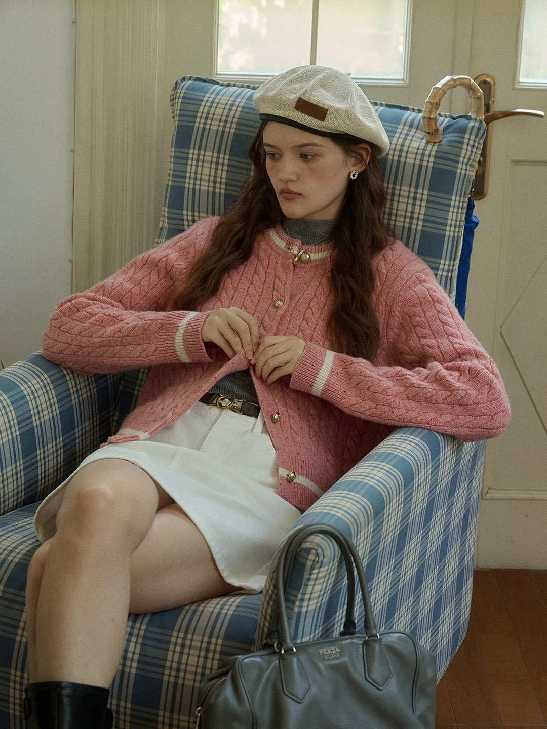 Leslie SR Logo Embroidery Crew Neck Contrast Striped 100% Wool Cardigan FlexFitTechnology