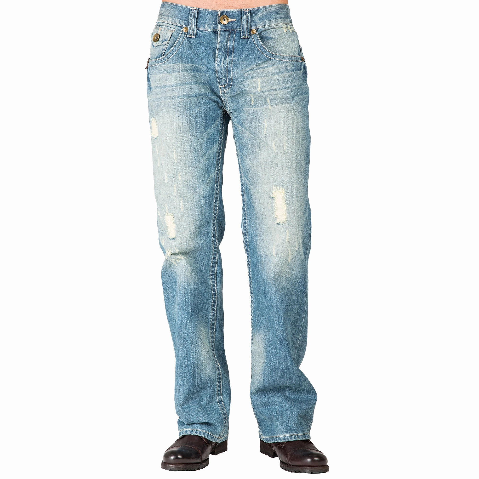 Light Blue Distressed Premium Denim Relaxed Straight Jeans Zipper Trim Pockets Khaki Tinted Jump Core SmoothInnerLining