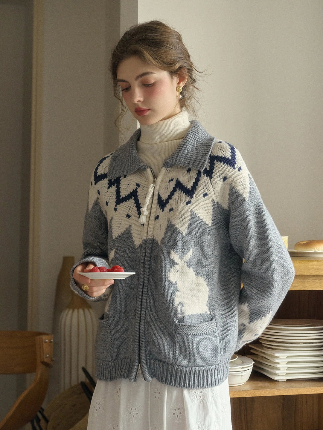 Light Fit Ailany Notched Collar Fair Isle Double Zipper Wool Cardigan