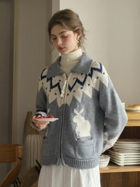 Ailany Notched Collar Fair Isle Double Zipper Wool Cardigan SeamlessFit