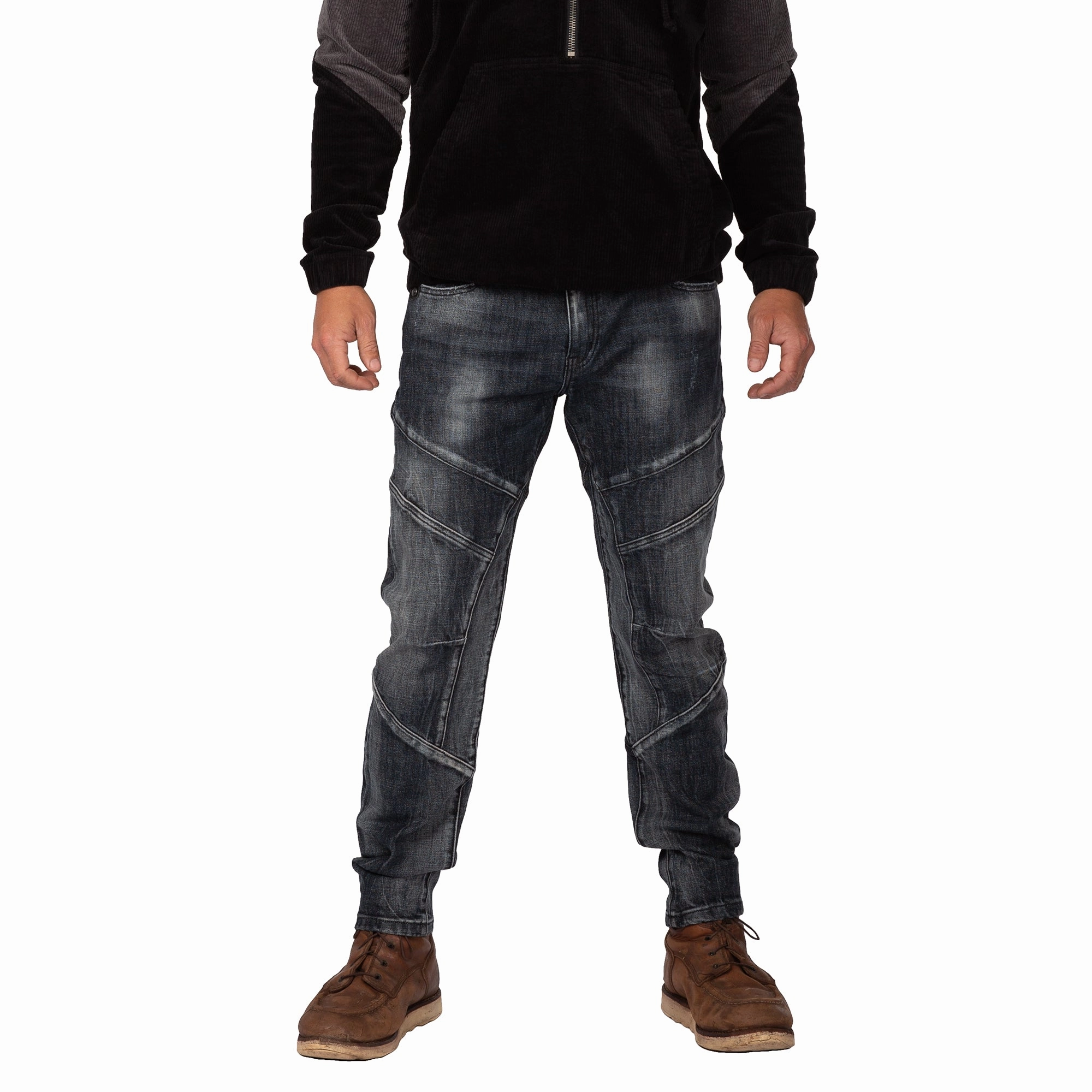 Level 7 Men's Curve Leg Slim Taper Moto Jeans Blasted Black Cut & Sewed Detail sporty wear Cold Weather