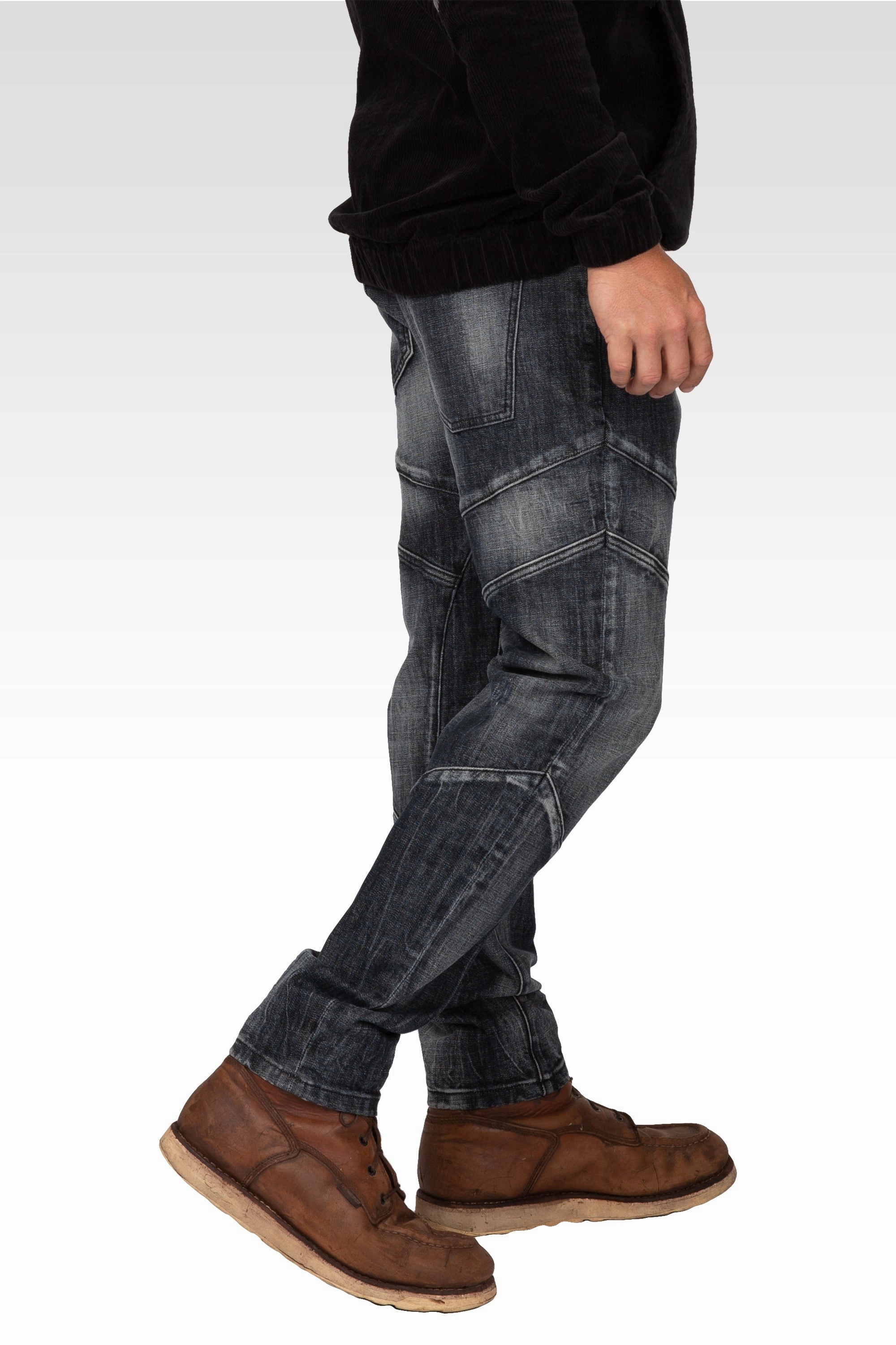 Trust Glow Level 7 Men's Curve Leg Slim Taper Moto Jeans Blasted Black Cut & Sewed Detail