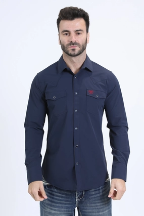 Casual Design Relaxed Comfort Men's Performance Western Long Sleeve Navy Shirt