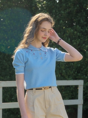 Sustain Glow ??Final Sale??Roselyn Notched Lapel Contrasting Trim Embroidery Top