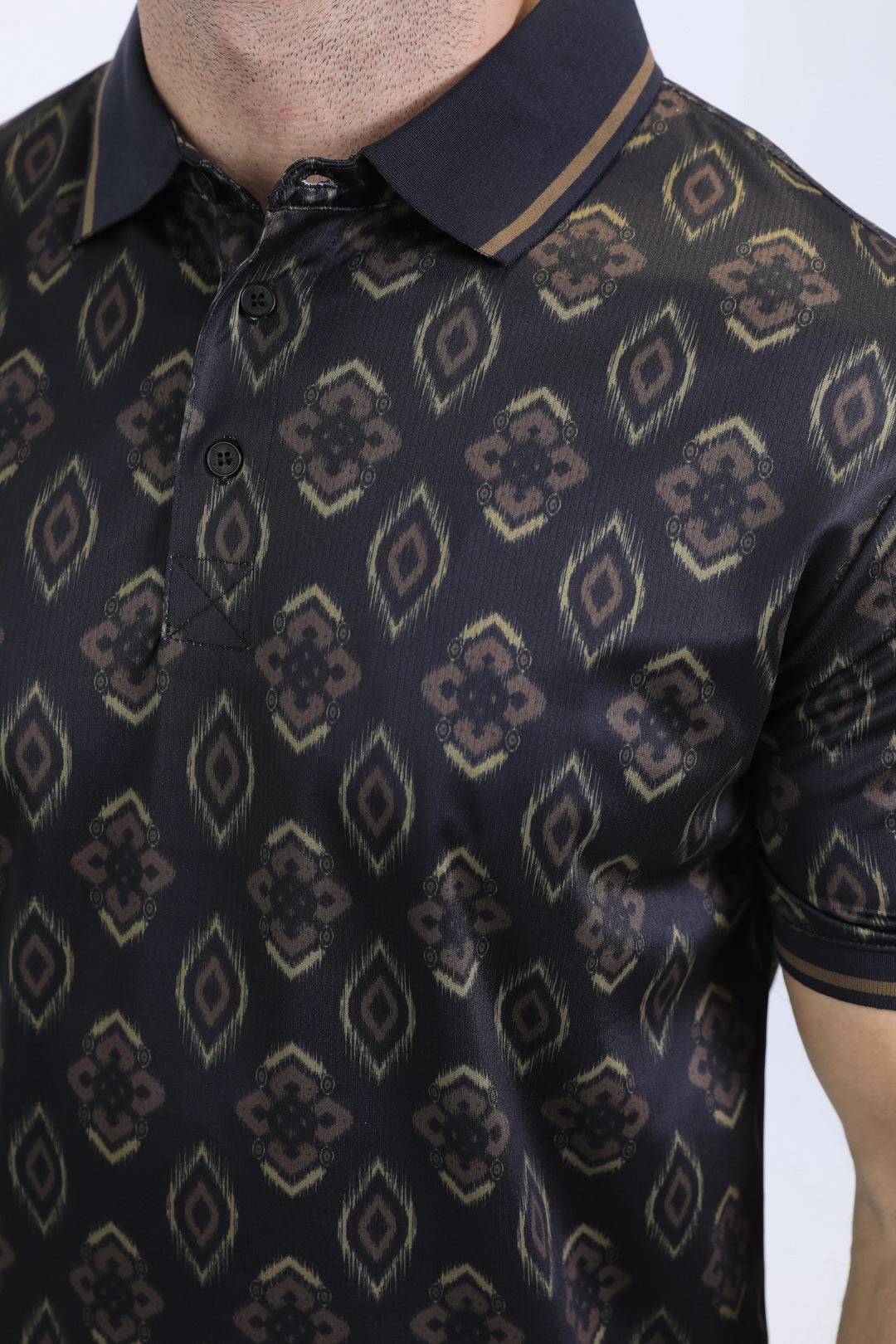 Mens Modern Fit Stretch Cotton Black Polo with Aztec Print Casual piece