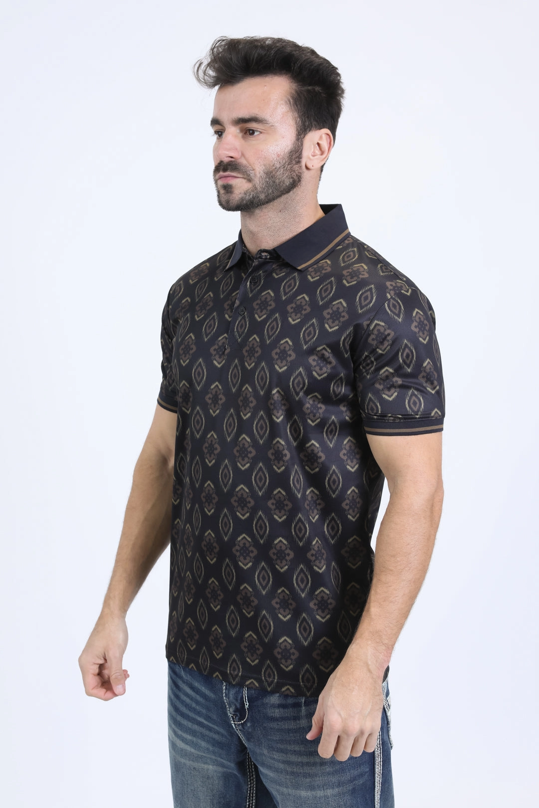 Lightweight Weave High-end Comfort Mens Modern Fit Stretch Cotton Black Polo with Aztec Print