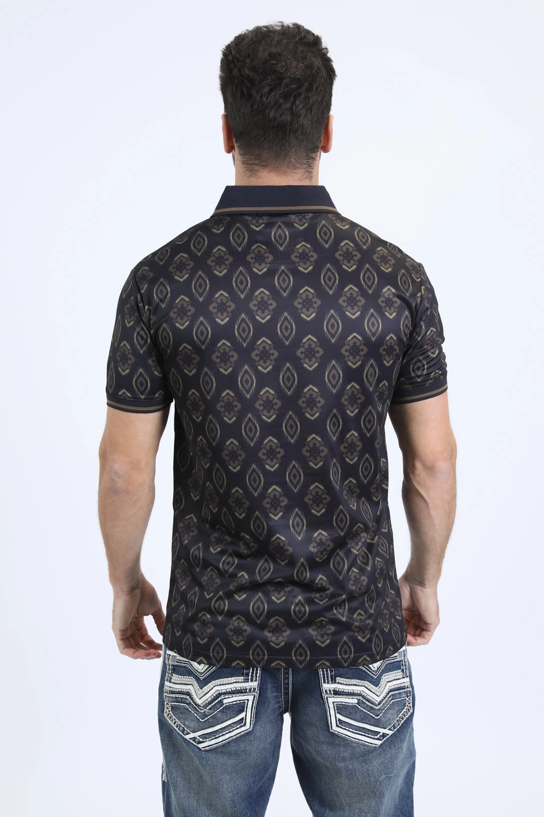 Mens Modern Fit Stretch Cotton Black Polo with Aztec Print Everyday Essentials Wrinkle Free Treatment