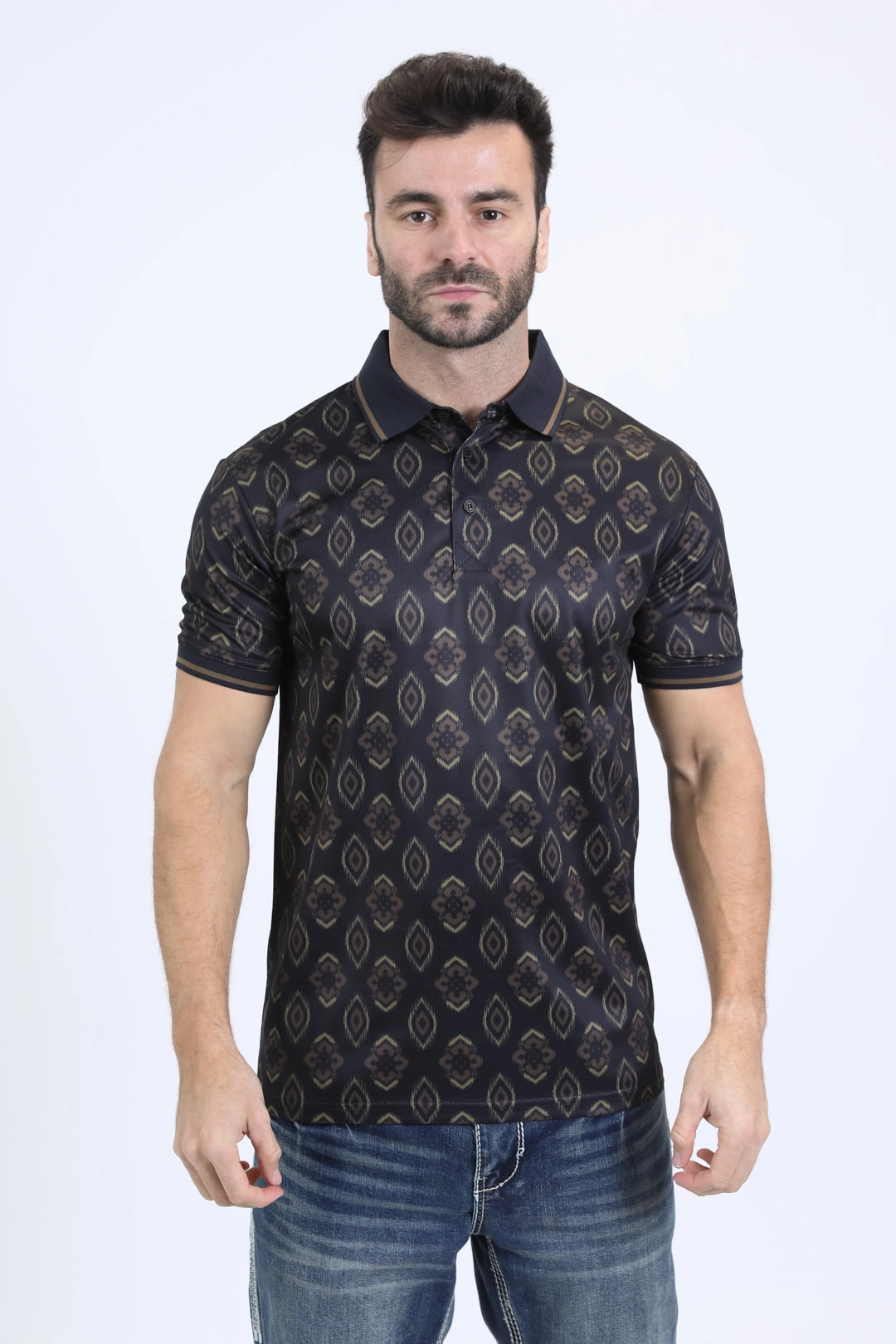 Timeless Layer Mens Modern Fit Stretch Cotton Black Polo with Aztec Print