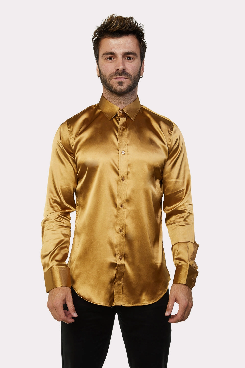 Men's Satin Gold Dress Shirt high-low hem