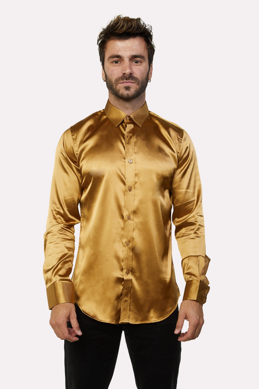 Flexible Placket Structure Men's Satin Gold Dress Shirt