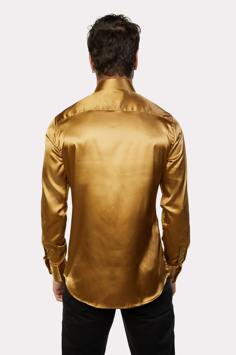Men's Satin Gold Dress Shirt Day-To-Night Wear Double Stitched Hems