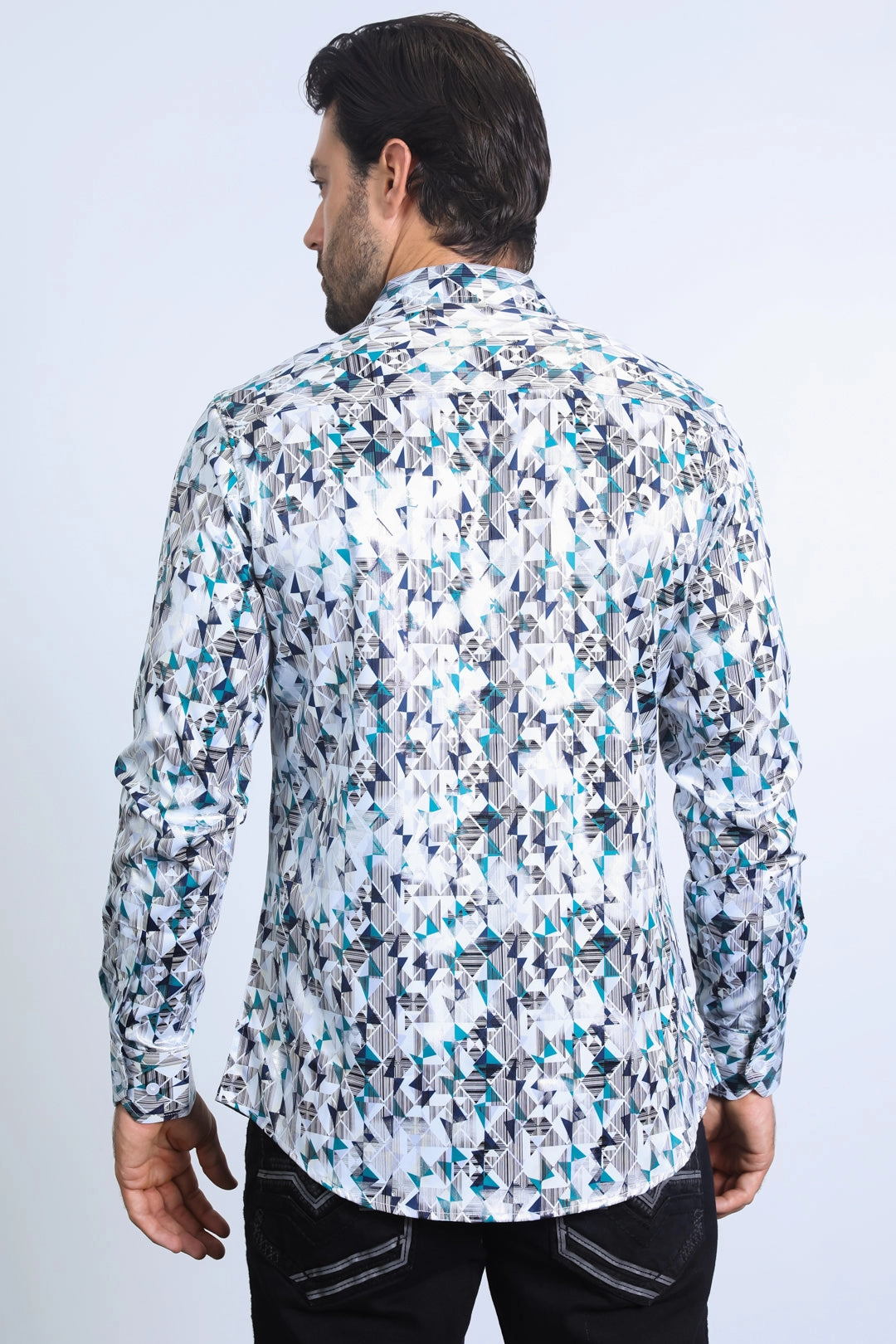 Functional Comfort Seamless Shoulder Construction Mens Modern Fit Stretch Foil Fashion White/Grey Shirt