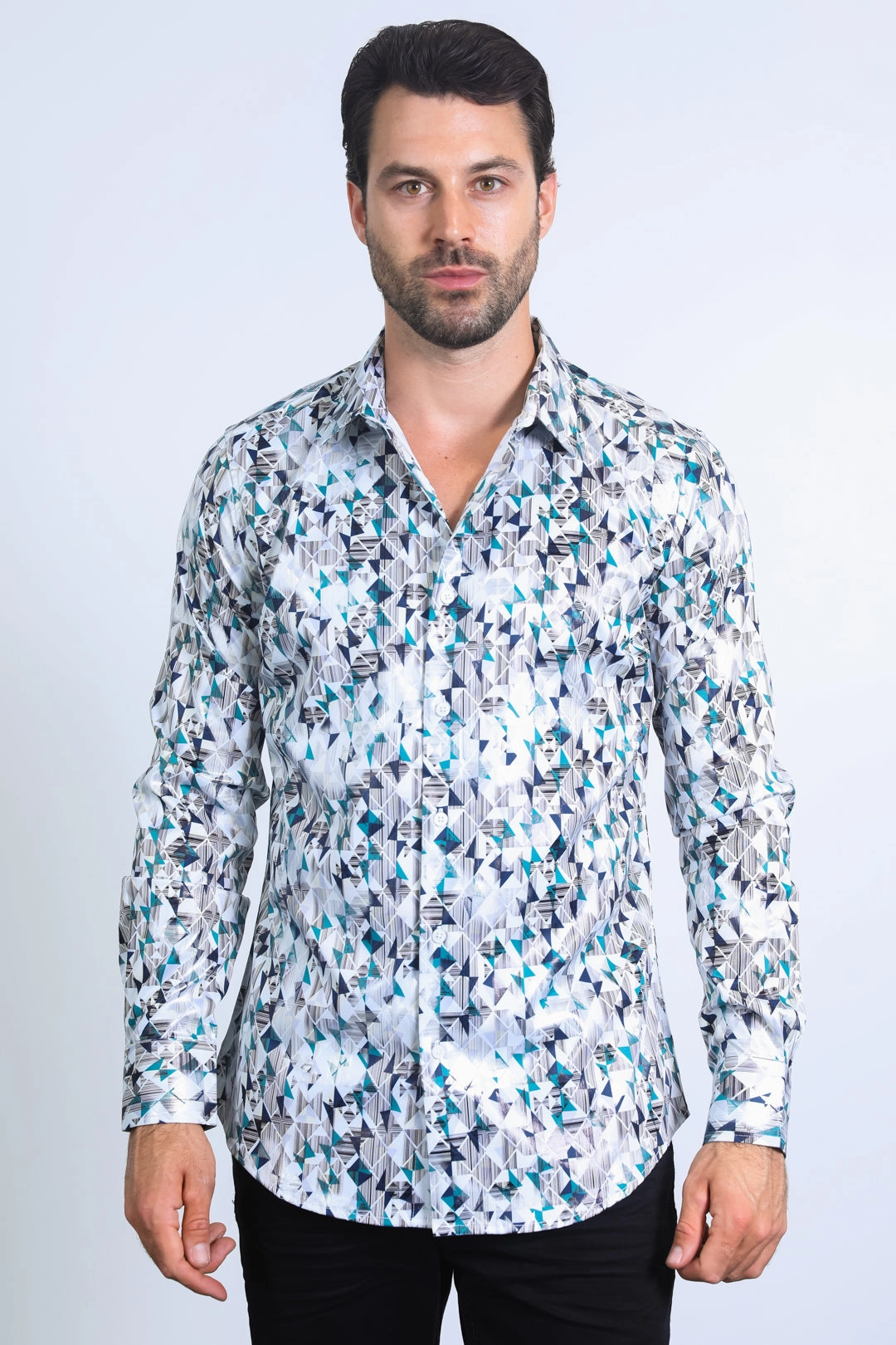 Mens Modern Fit Stretch Foil Fashion White/Grey Shirt Sustainable Material