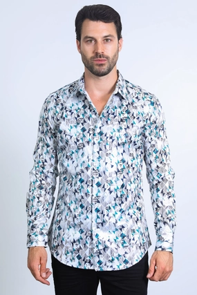 Mens Modern Fit Stretch Foil Fashion White/Grey Shirt Sustainable Material