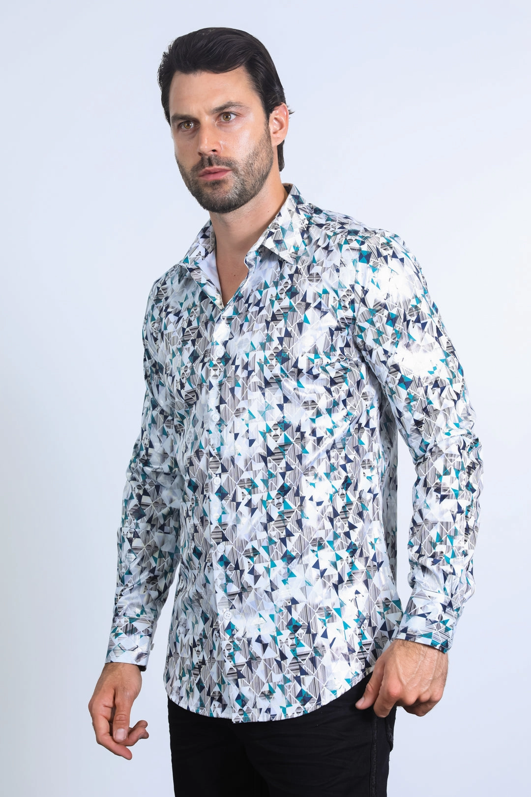 Mens Modern Fit Stretch Foil Fashion White/Grey Shirt Breathable Comfort