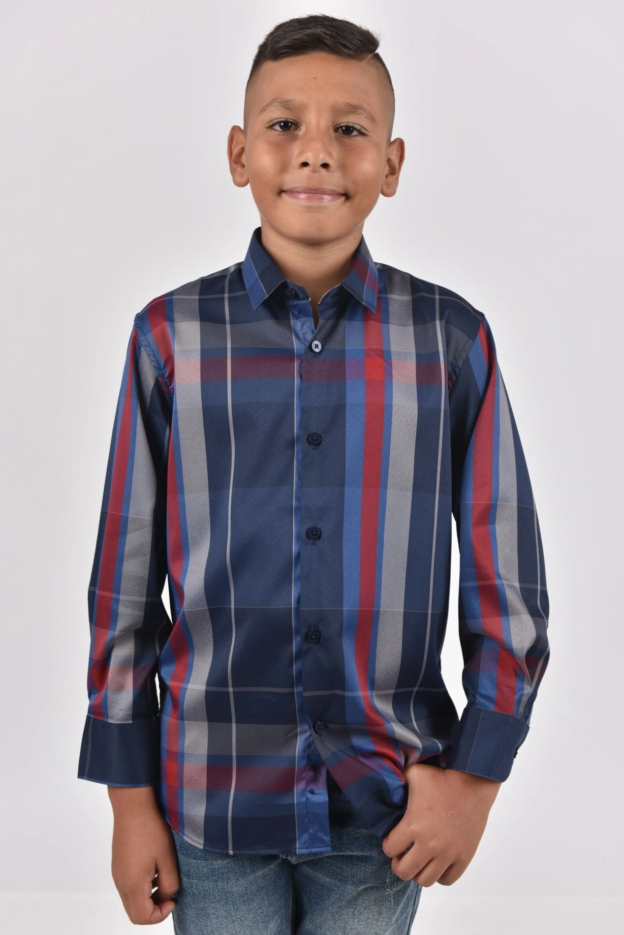 Solid Hue Breathable back panel Kid's Modern Fit Navy Plaid Digital Print Shirt