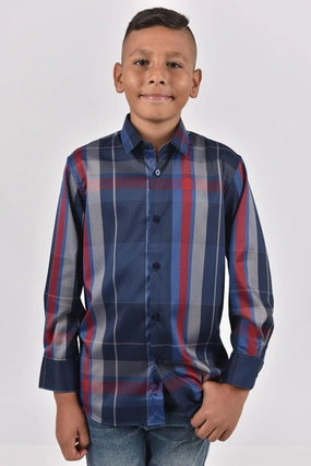 Solid Hue Breathable back panel Kid's Modern Fit Navy Plaid Digital Print Shirt
