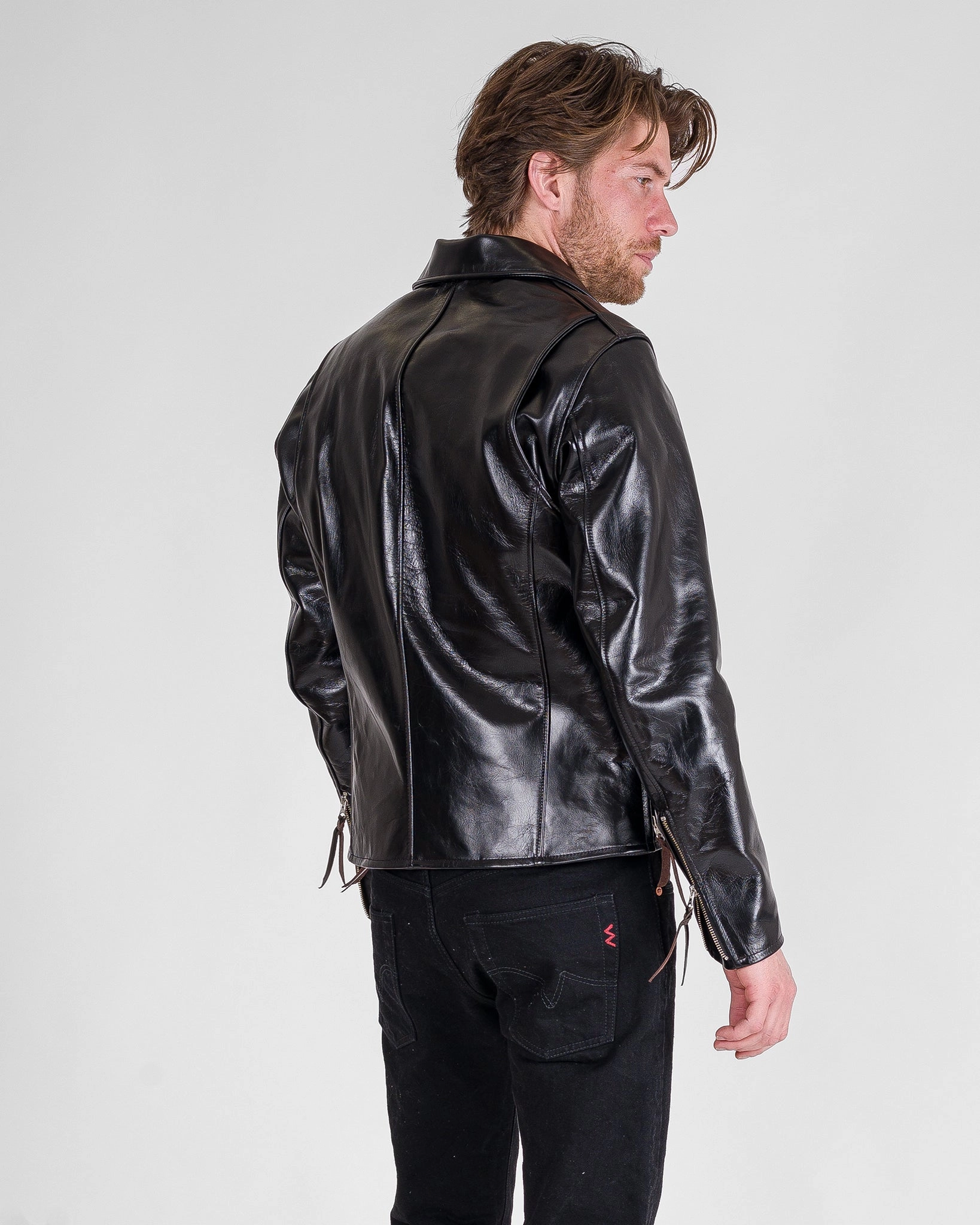 Water Resistant Design Japanese Horsehide Rider??s Jacket with Collar - Black (Tea-Core Dyed)