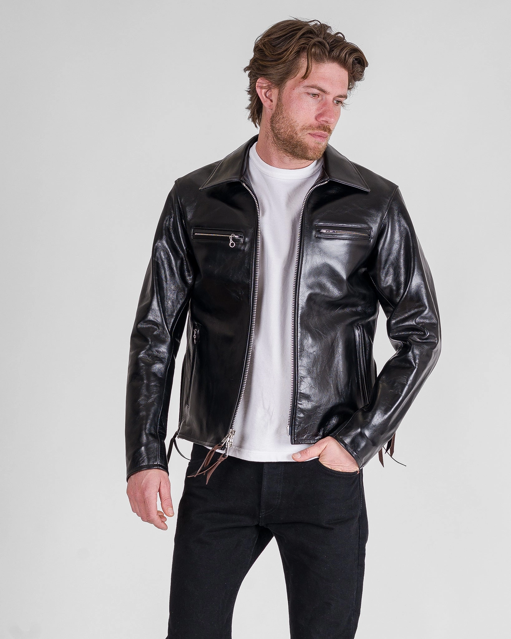 Japanese Horsehide Rider??s Jacket with Collar - Black (Tea-Core Dyed) Flexible Waistband